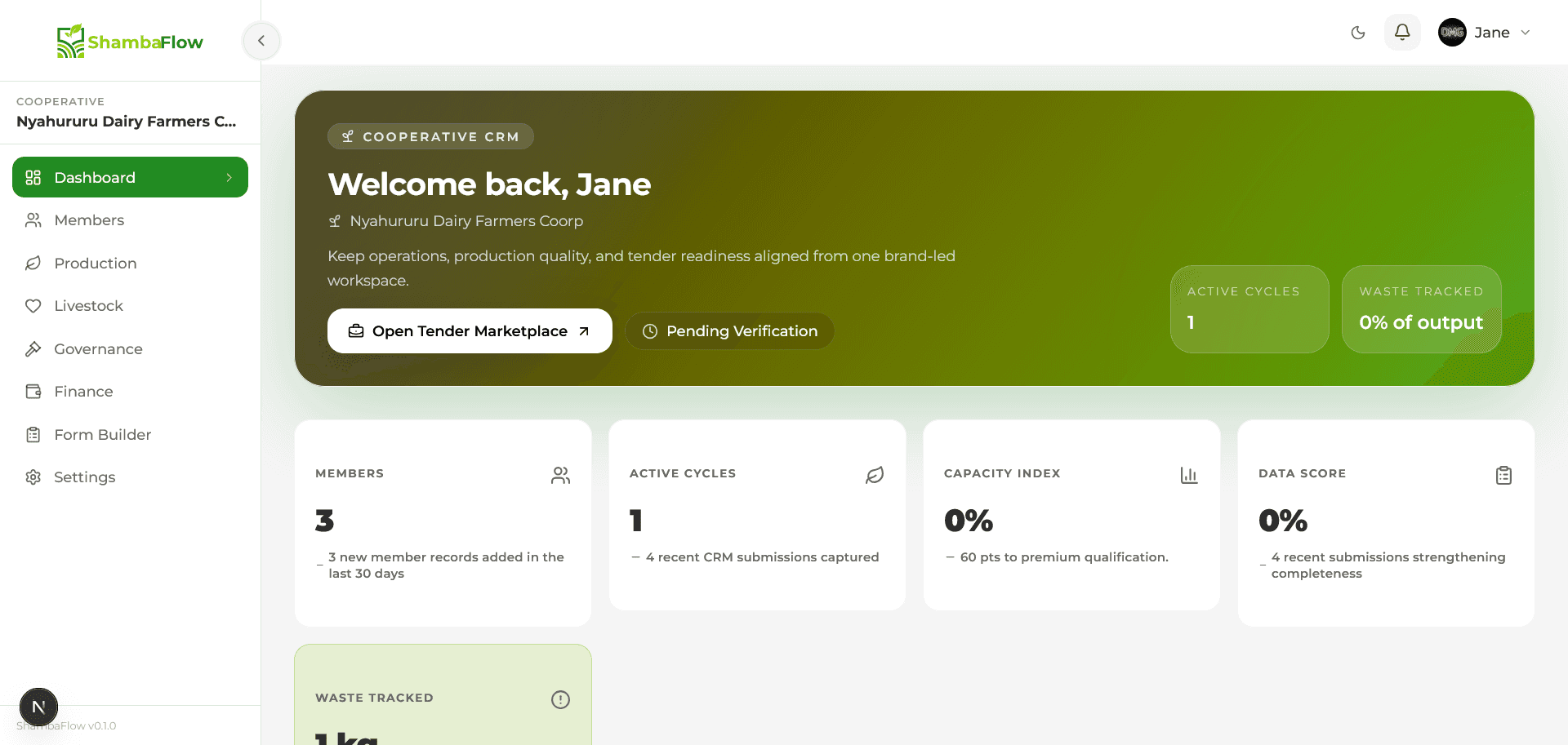 ShambaFlow cooperative CRM dashboard