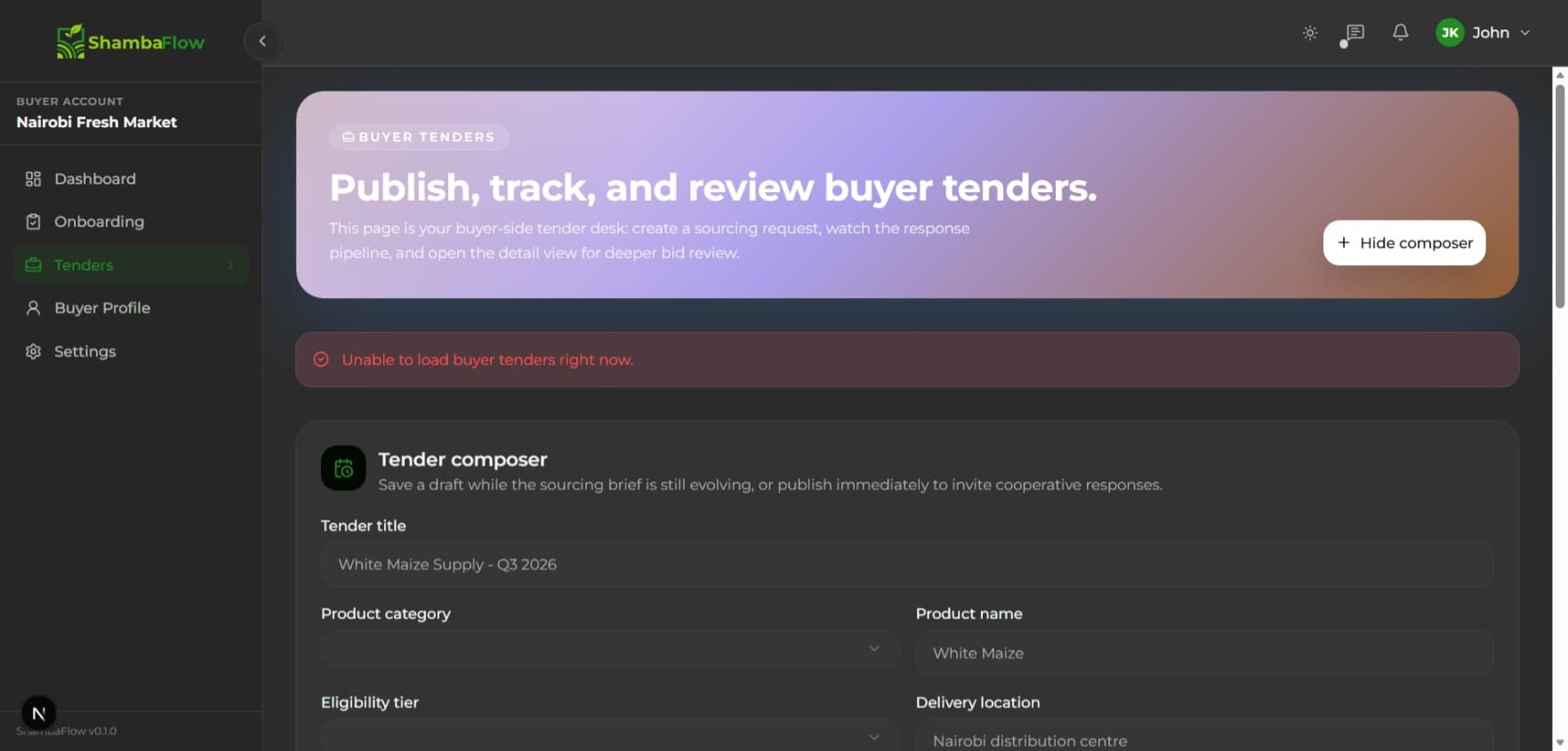 ShambaFlow tender creation workflow