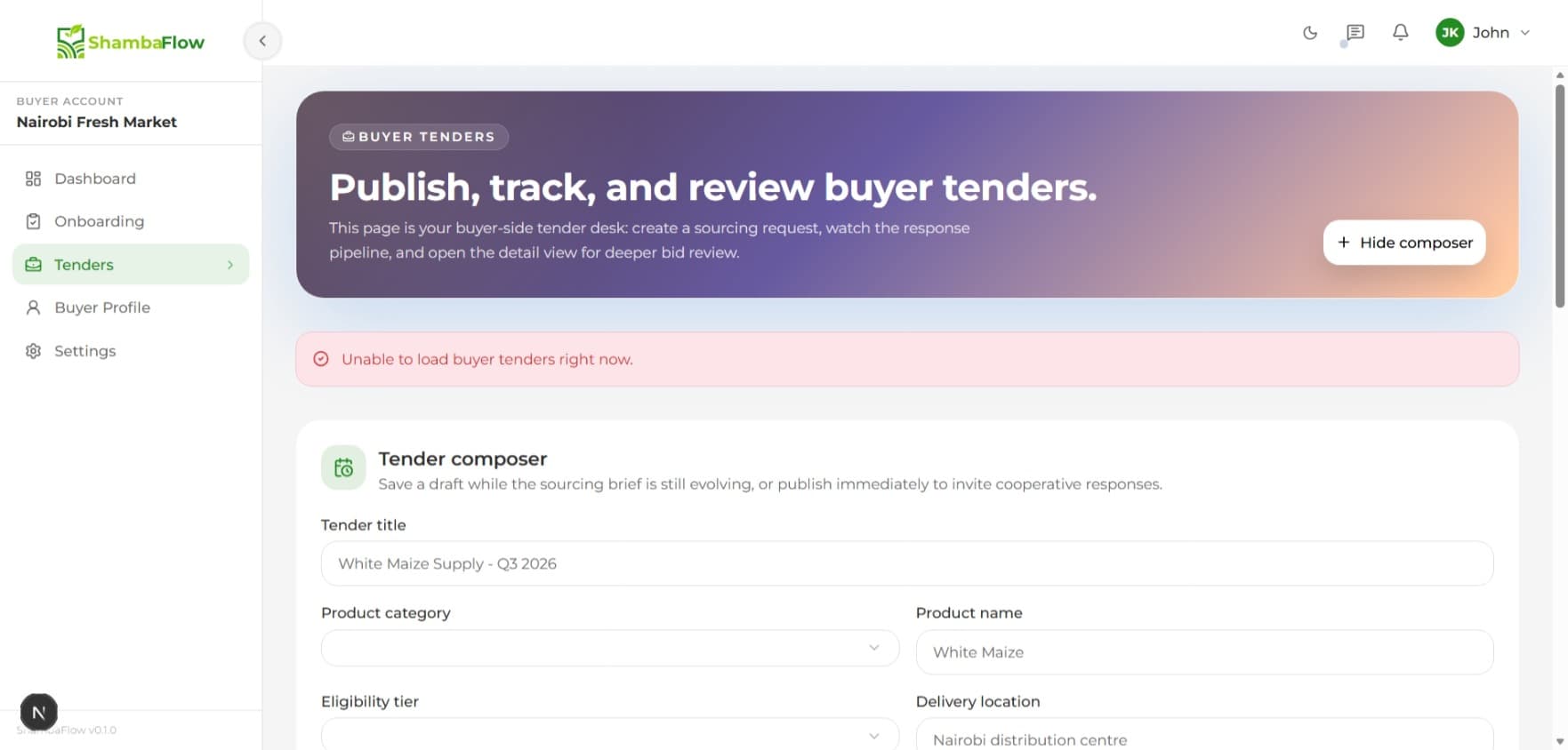 ShambaFlow tender creation workflow